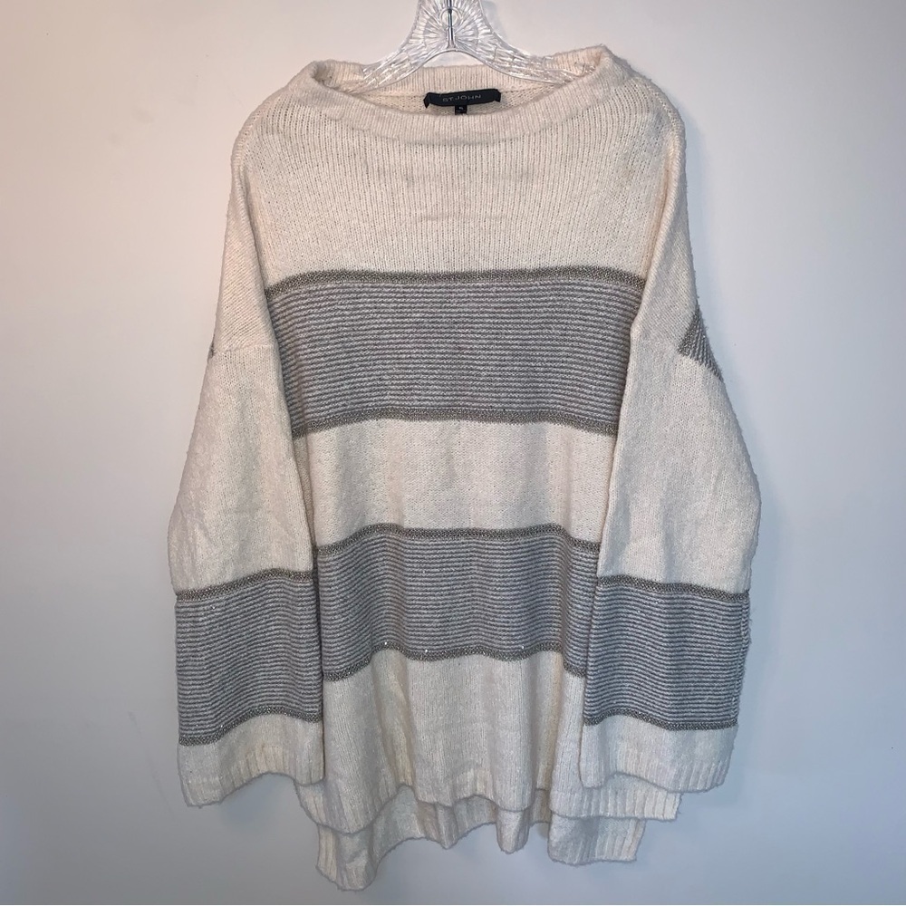 St. John Luxury Cashmere Wool Sweater Large Striped Cream Gray Metallic Knit XL